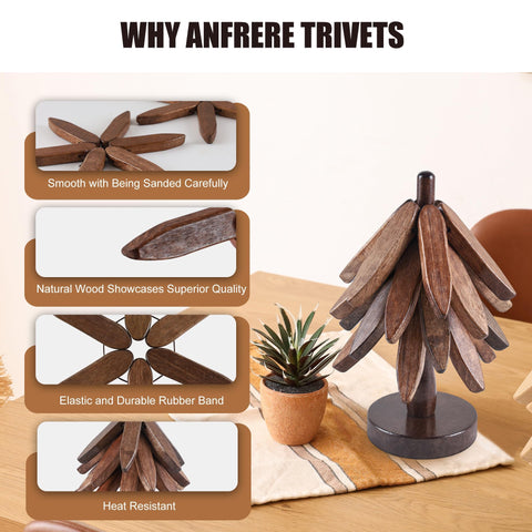 Anfrere tree-shaped trivet on glass table provides stylish heat protection.