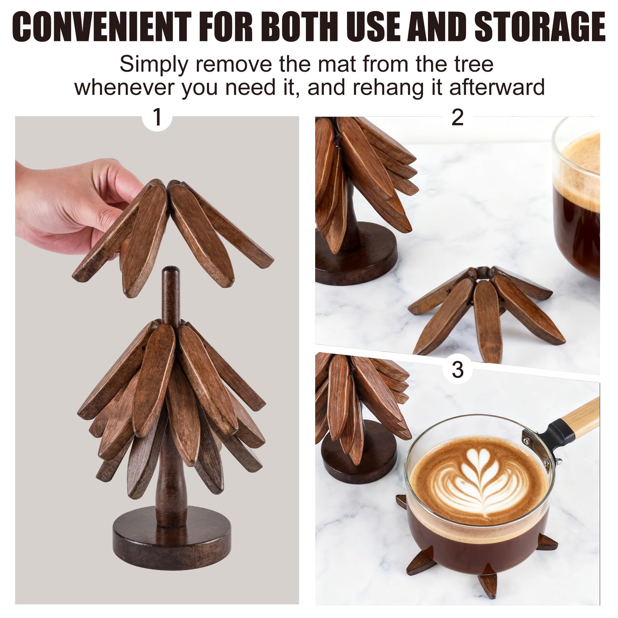Anfrere tree trivet in beech wood with walnut-toned finish adds natural decor.