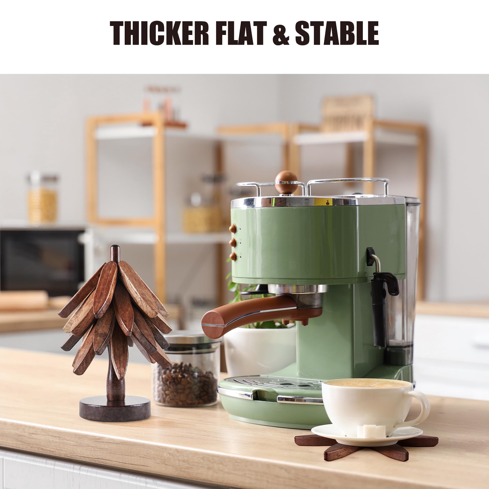 Anfrere four-trivet set neatly arranged on stand saves space.