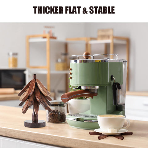 Anfrere four-trivet set neatly arranged on stand saves space.