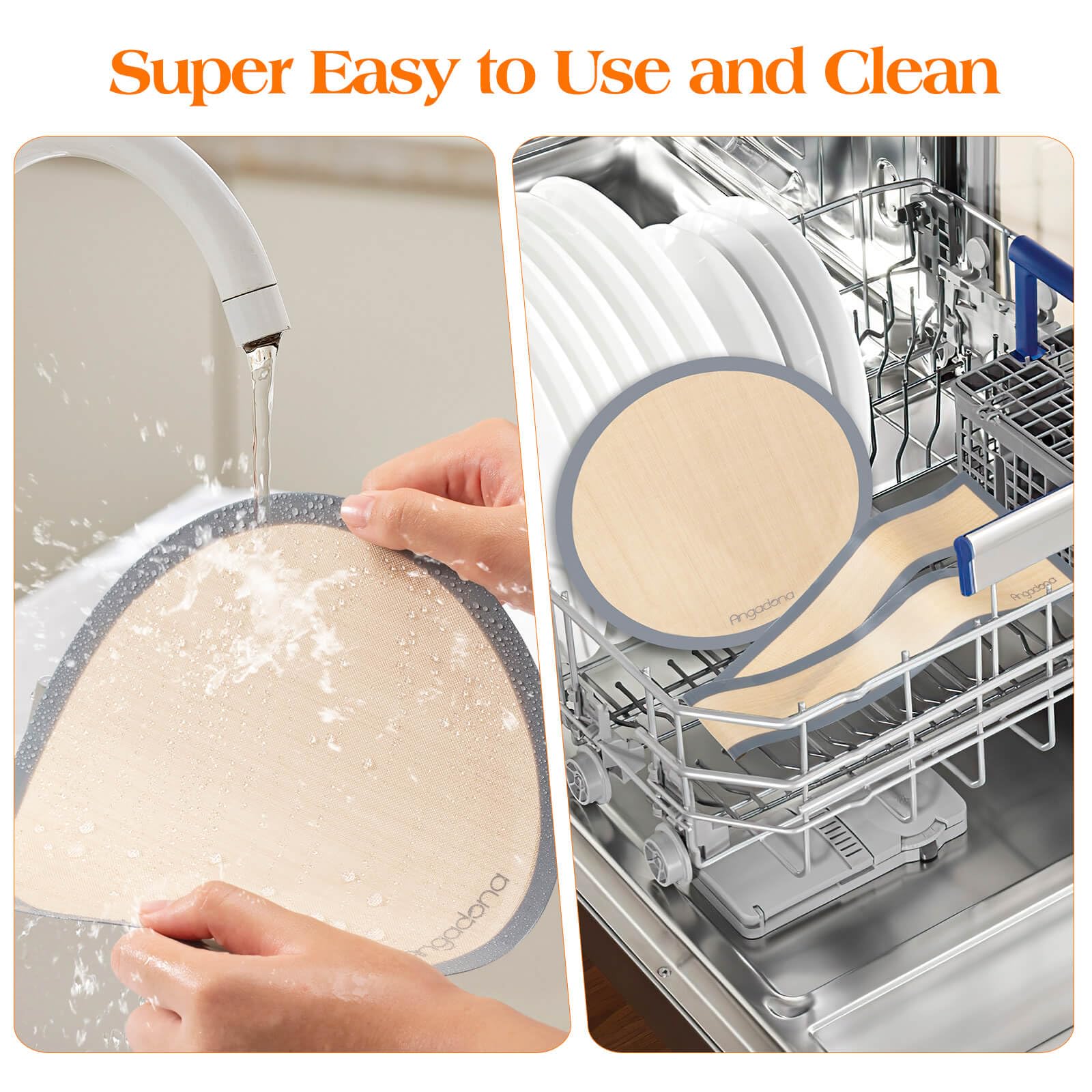 Angadona easy-clean silicone liner fits various pans for quick dishwasher-safe cleanup.