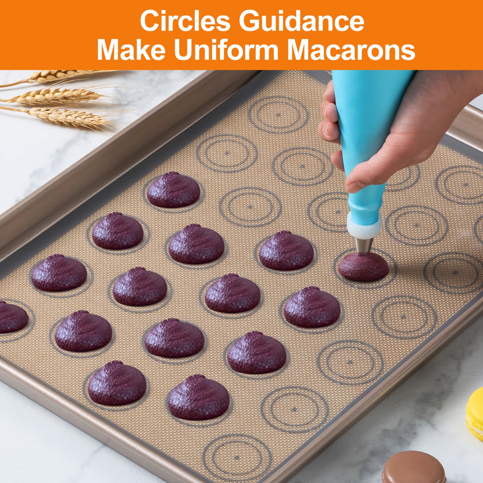 Angadona silicone macaron mats provide nonstick surface for easy release.
