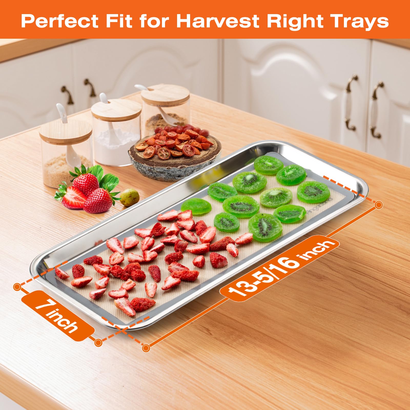 Angadona food-grade silicone mat protects tray surfaces and prevents sticking during processing.