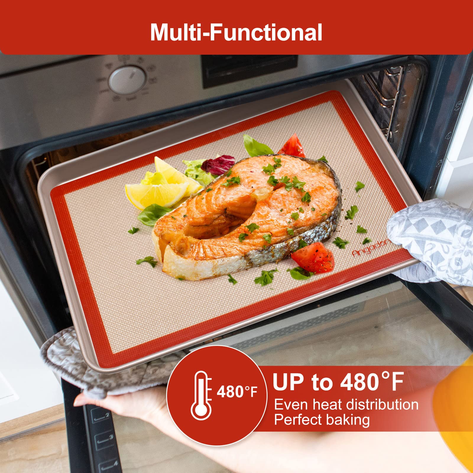 Angadona silicone mats are oven safe from -40°F to 480°F for versatile use.