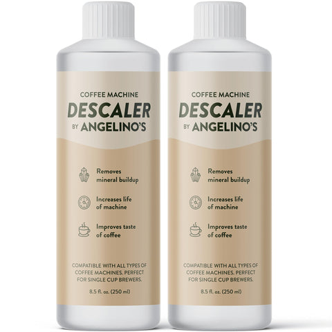 Angelino's Coffee Descaler bottle ready for descaling to improve machine performance.