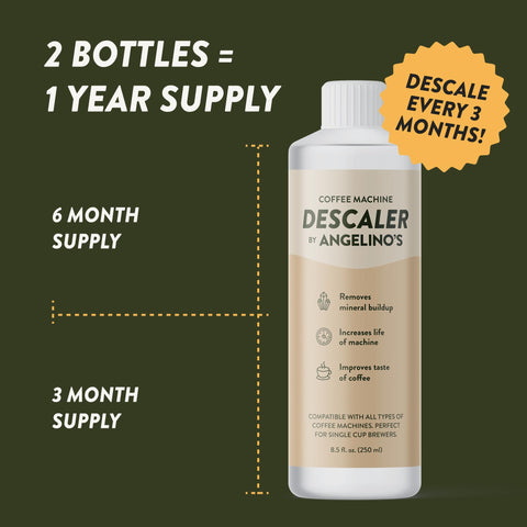 Close-up of Angelino's Coffee Descaler label for quick reference.