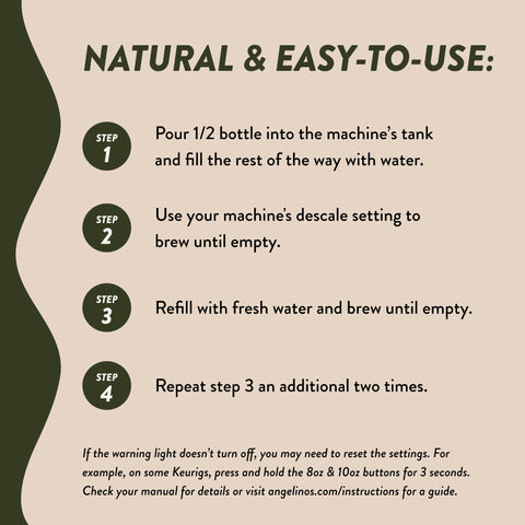 Pouring Angelino's Coffee Descaler to remove mineral buildup.