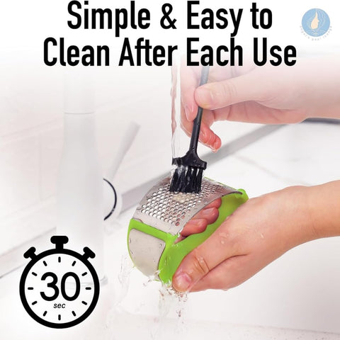Angel's Peel Lounge dishwasher-safe garlic press simplifies cleanup after cooking.