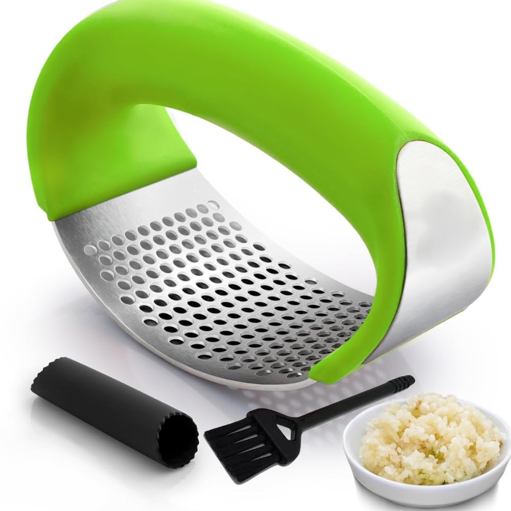 Angel's Peel Lounge garlic press rocker with ergonomic handle for effortless crushing.