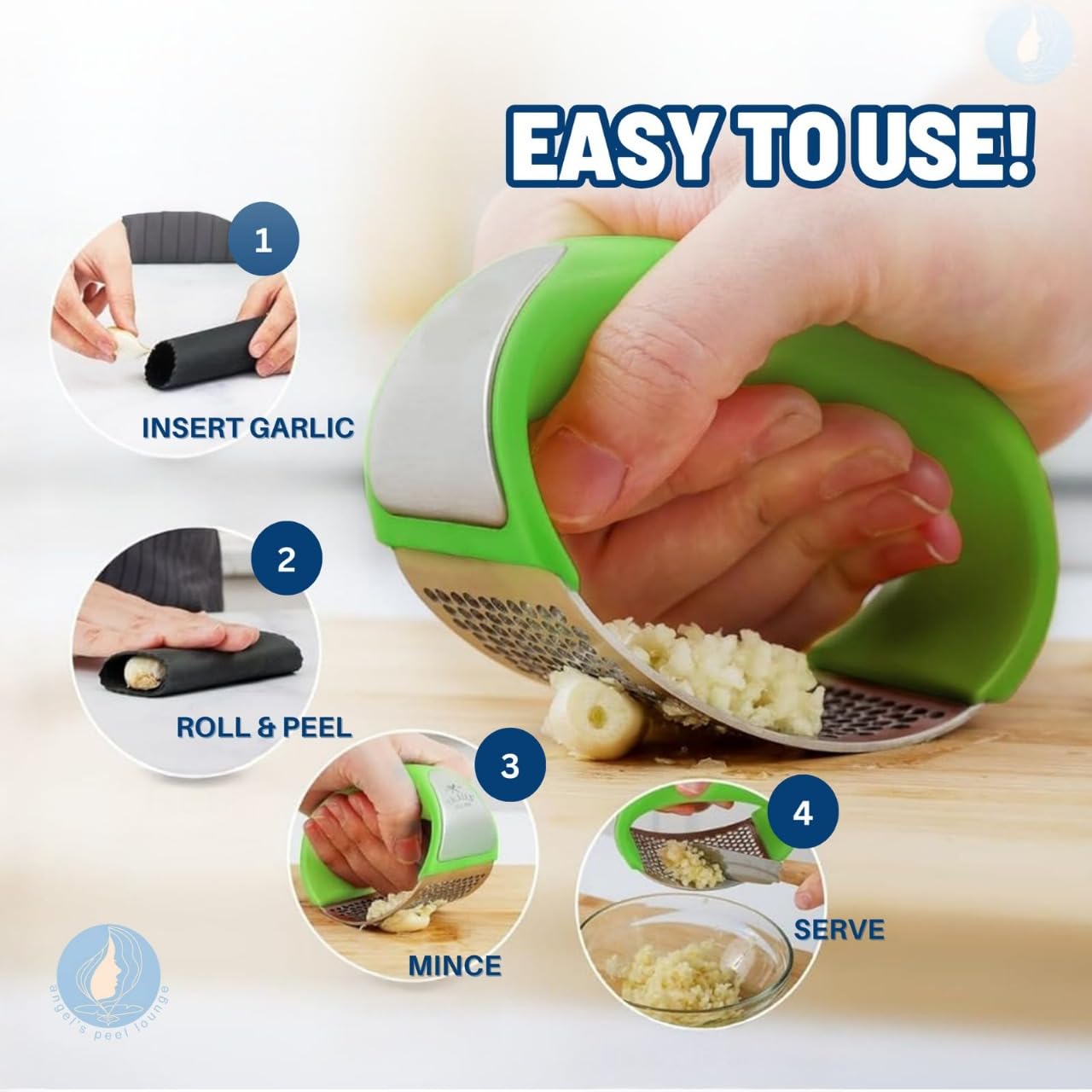 Angel's Peel Lounge silicone garlic peeler removing skins quickly for faster prep.