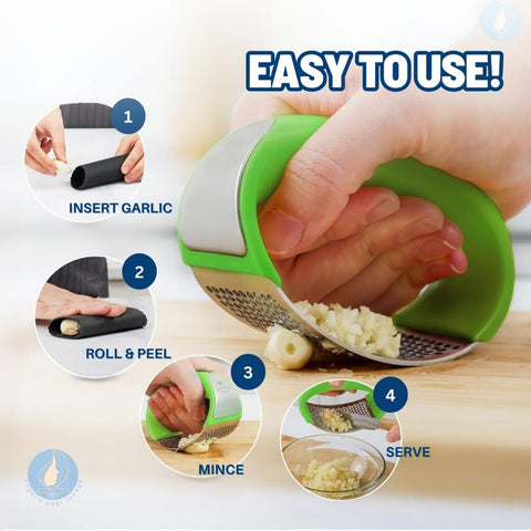 Angel's Peel Lounge silicone garlic peeler removing skins quickly for faster prep.