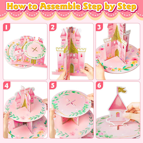 ANGOLIO pink castle floral decor enhances fairytale birthday party ambiance.