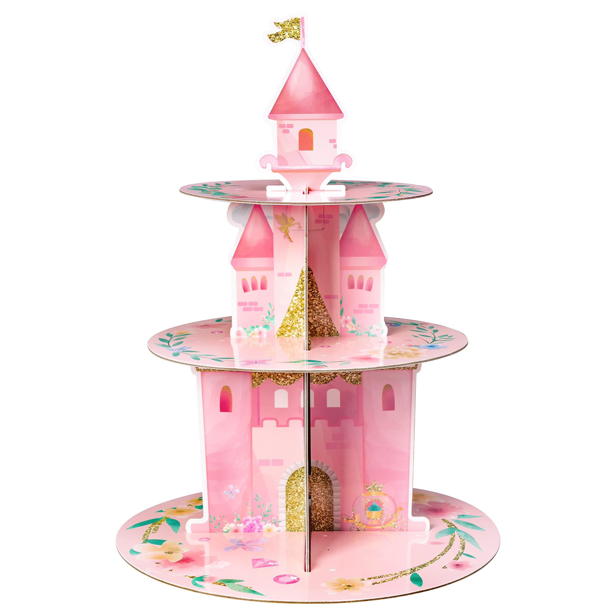 ANGOLIO watercolor princess cupcake stand showcases whimsical pink castle for vibrant party displays.
