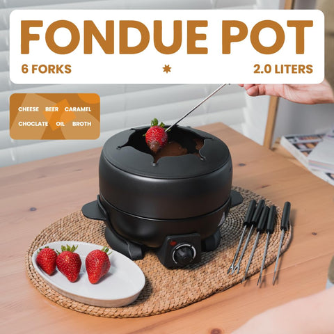 Angora Brands fondue pot with six stainless steel forks and cool-touch handles