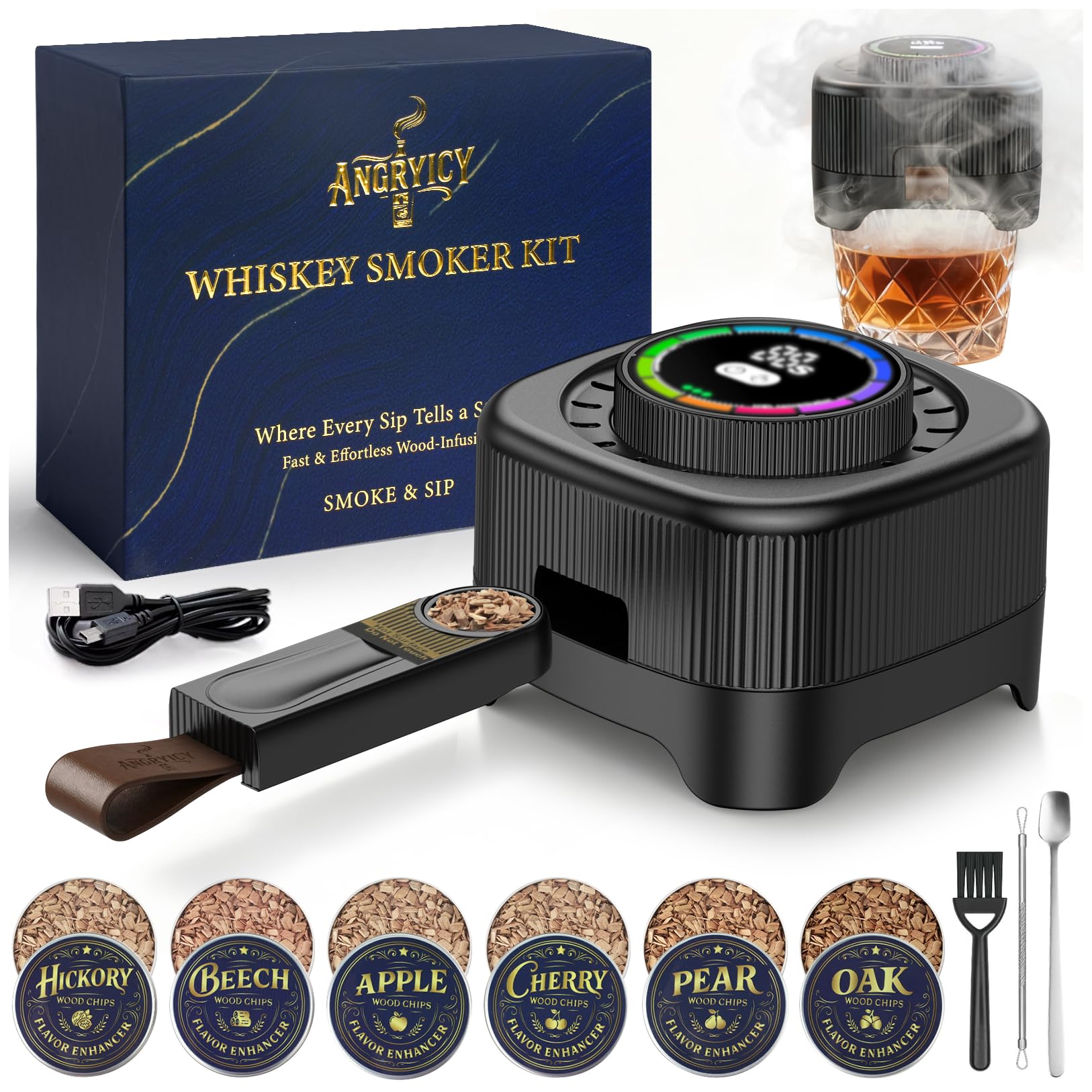 Angryicy electric whiskey smoker kit box packaging, ideal as a gift for whiskey lovers.