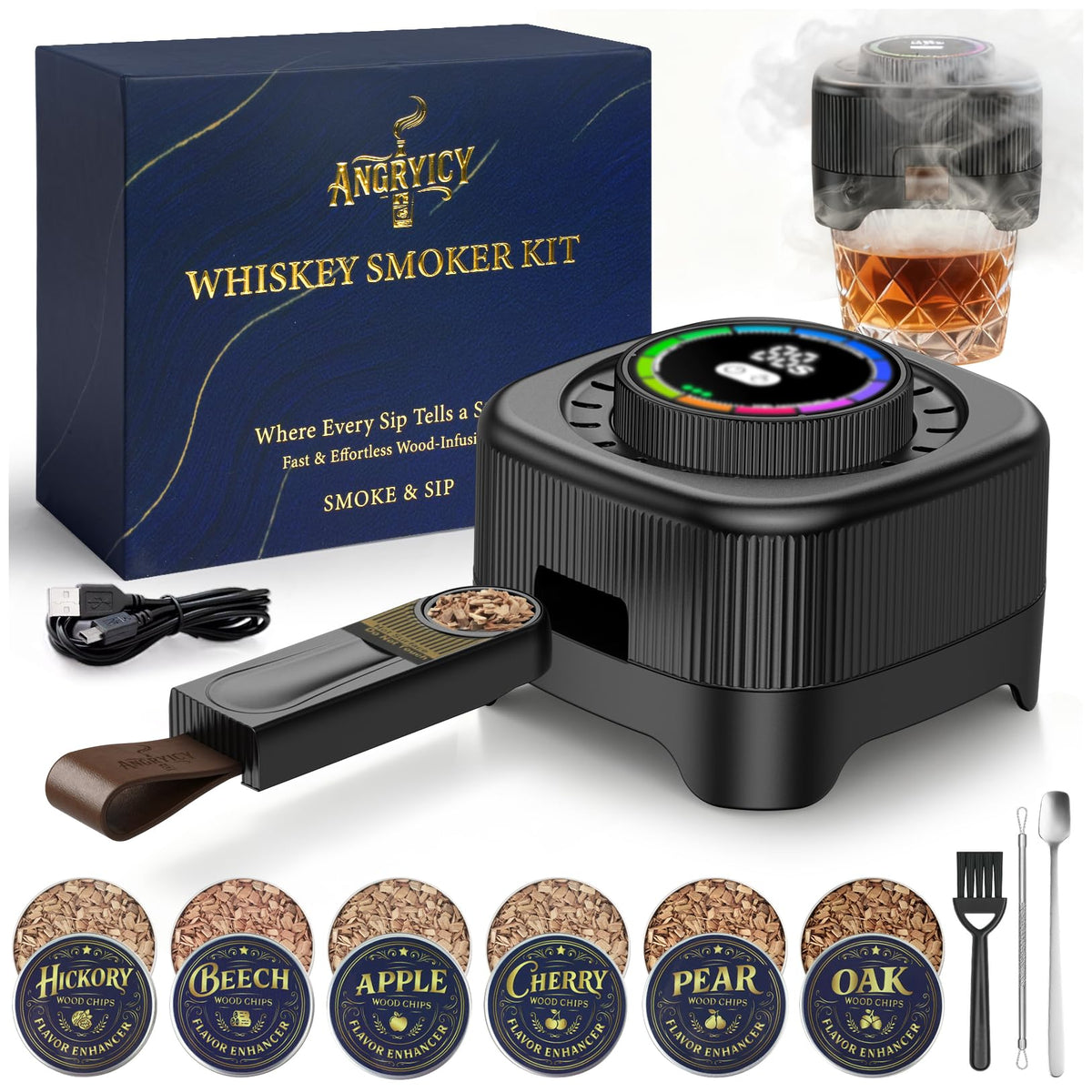 Angryicy electric whiskey smoker kit box packaging, ideal as a gift for whiskey lovers.