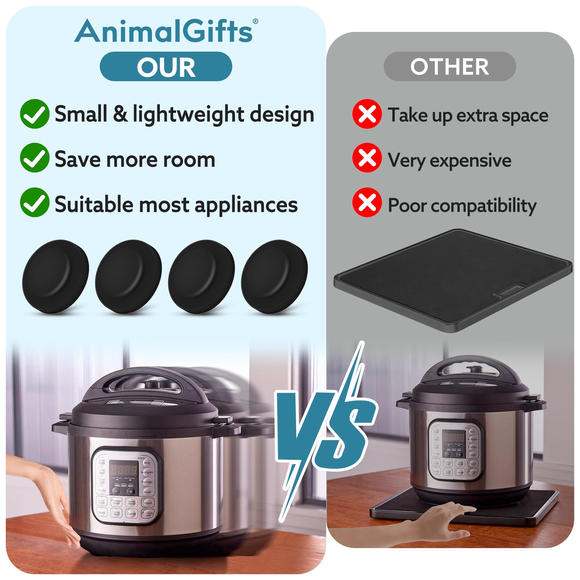 Animal-Gifts sliders 16mm, top-down view, fits compact appliances