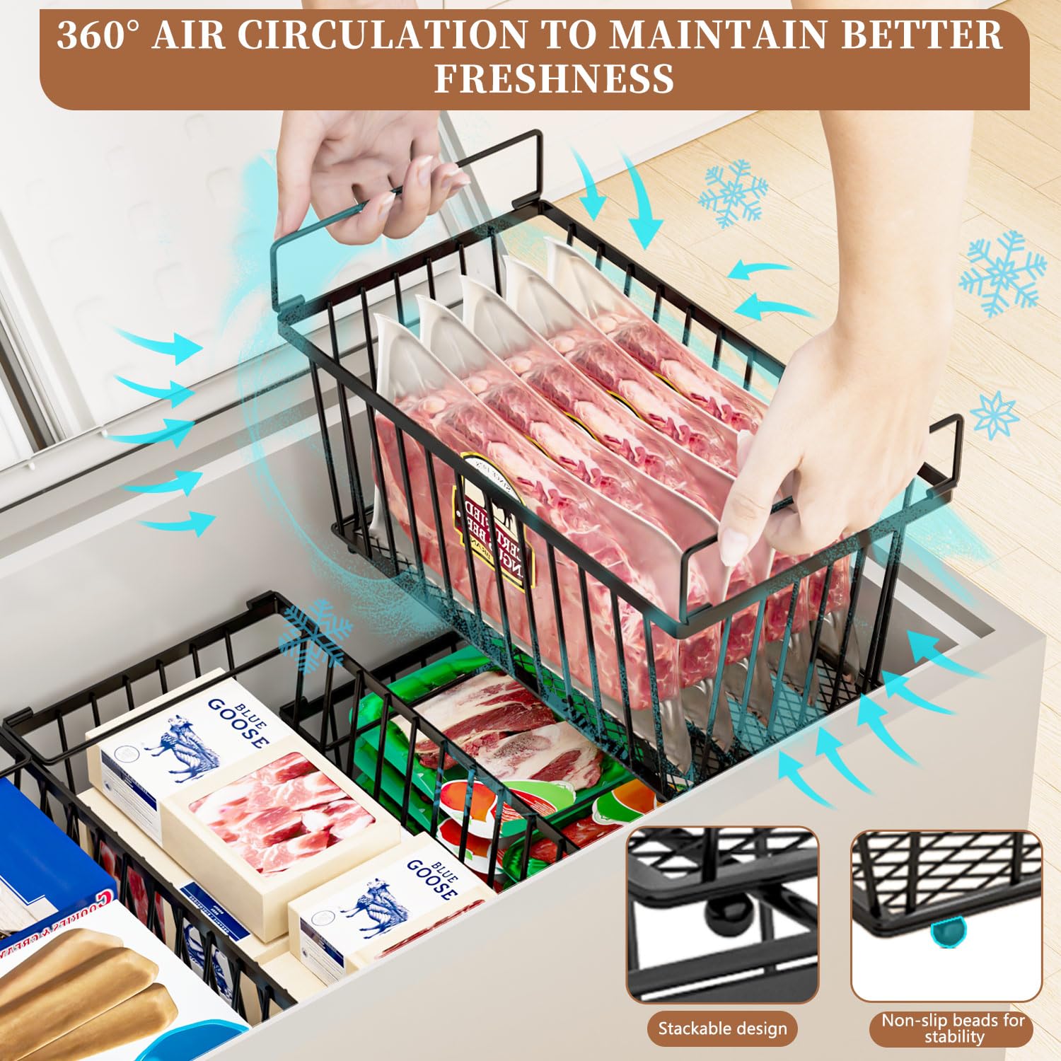 Black 4-pack ANJUBAN freezer organizers for compact, organized storage.