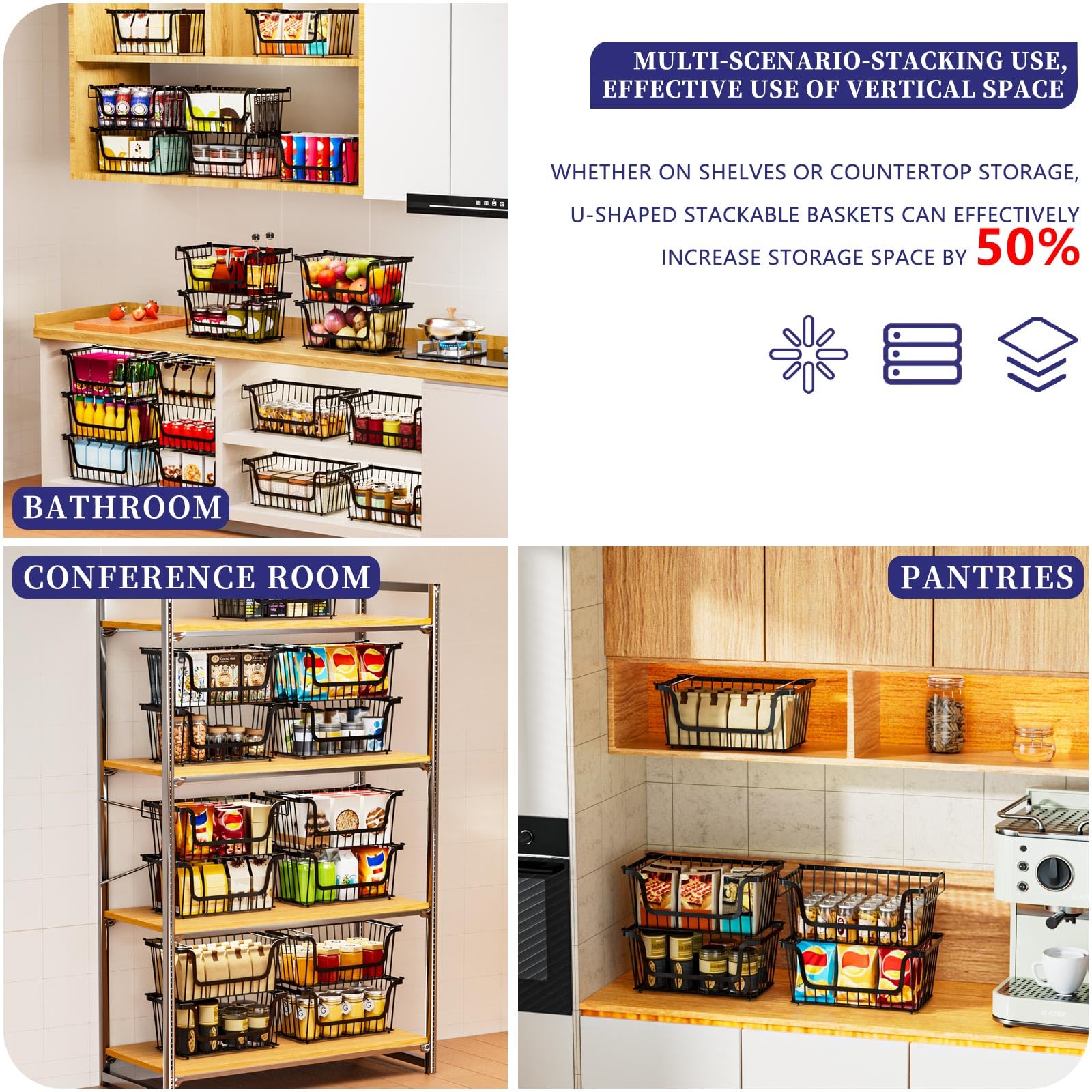 ANJUBAN 4-pack stackable baskets stack usage with large front opening for quick retrieval.