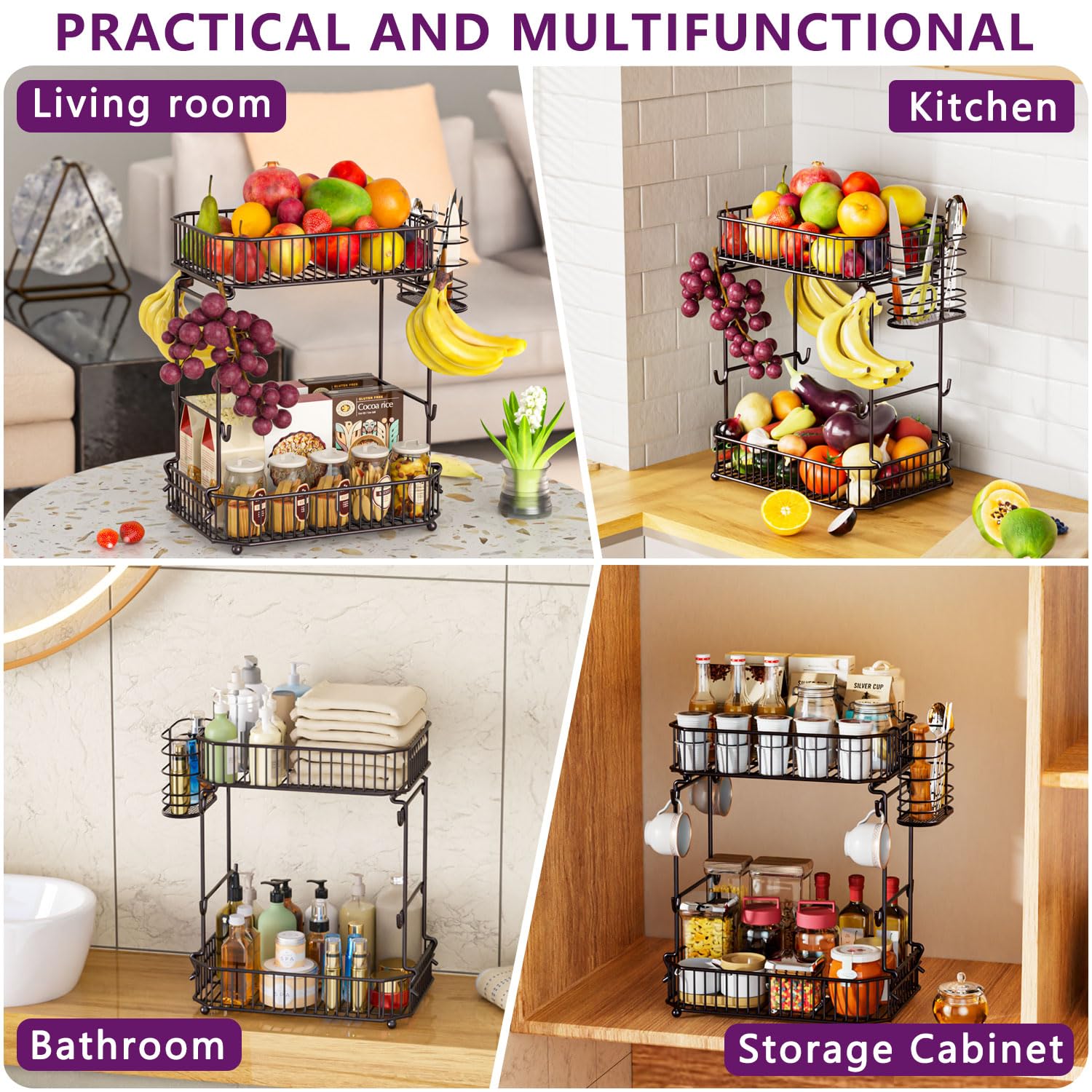 ANJUBAN multi-use rack holds snacks, fruit, and small items across rooms.