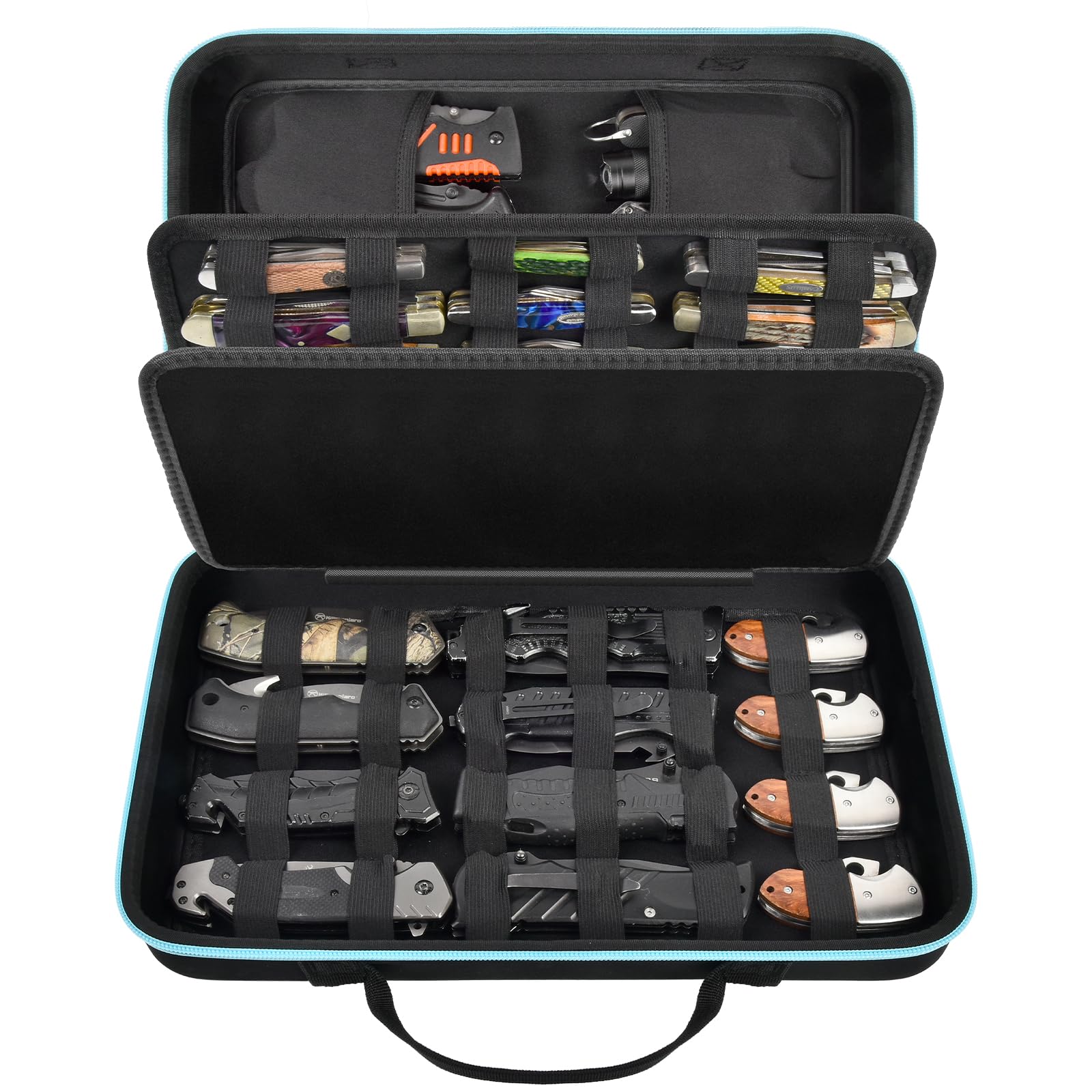 ANKHOH knife display case showing 45+ blades with organized, accessible layout