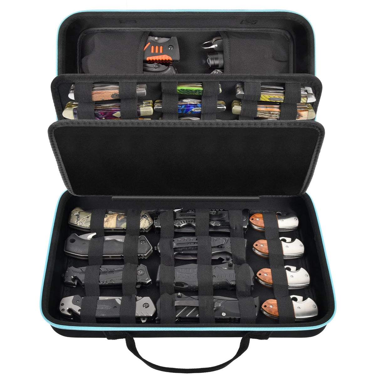 ANKHOH knife display case showing 45+ blades with organized, accessible layout