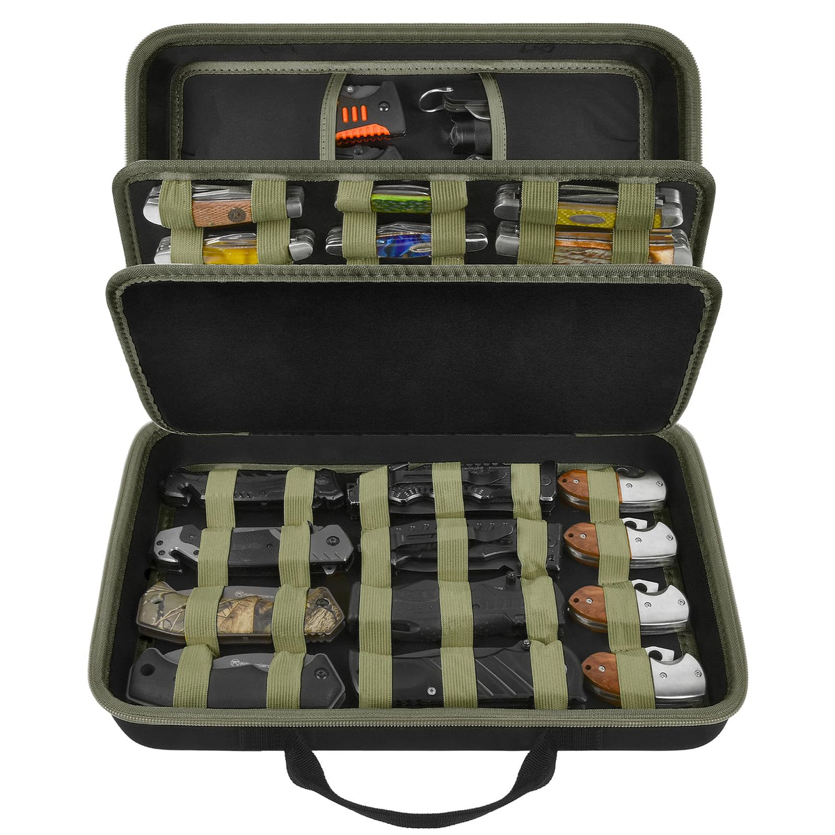 ANKHOH knife display case with 56+ knives, closed green lid for secure home storage.