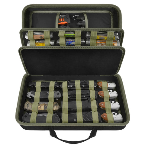 ANKHOH knife display case with 56+ knives, closed green lid for secure home storage.