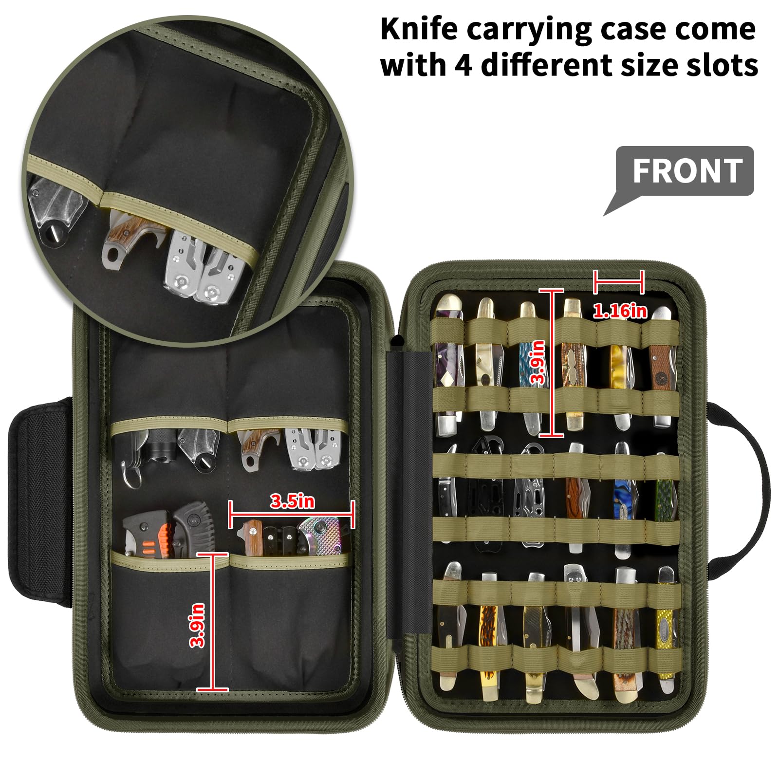 ANKHOH knife display case open layout, green interior for easy blade access.