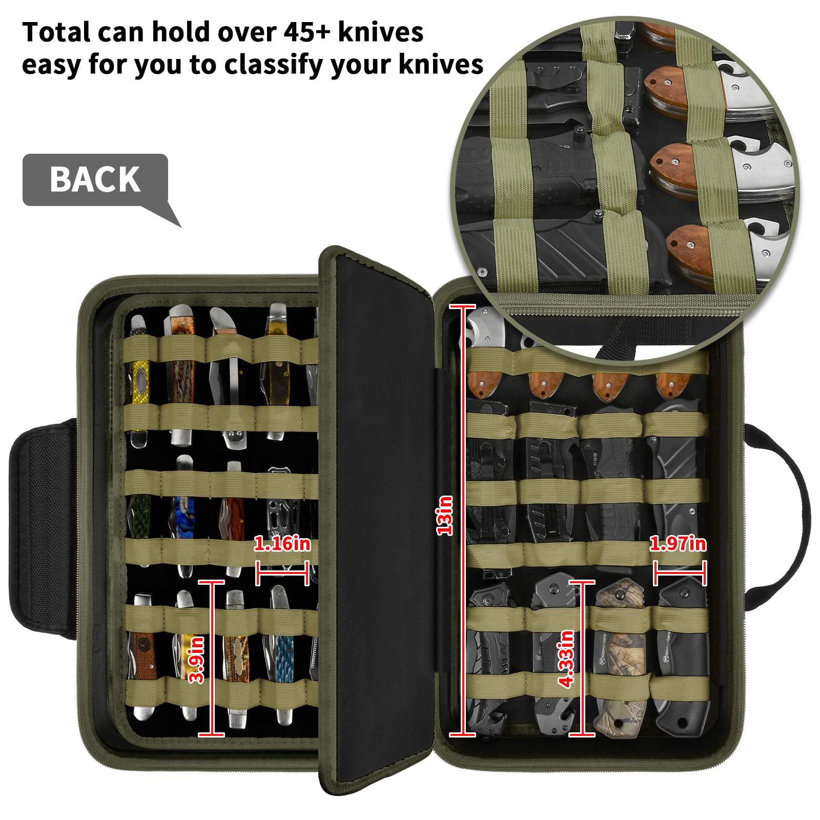 ANKHOH knife display case foam interior protects blades during transport, green.