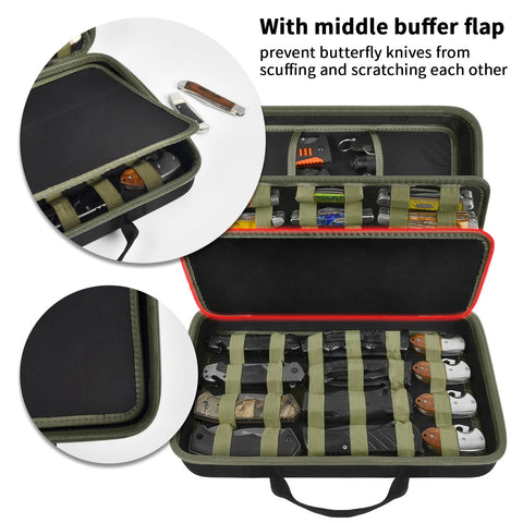 ANKHOH knife display case secure latch prevents accidental opening, green exterior.