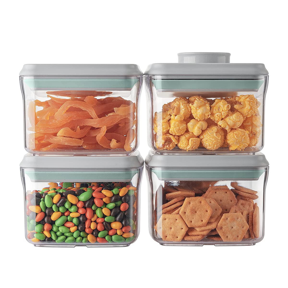 Ankou airtight 380ml four-pack with stackable, one-button opening for pantry storage.