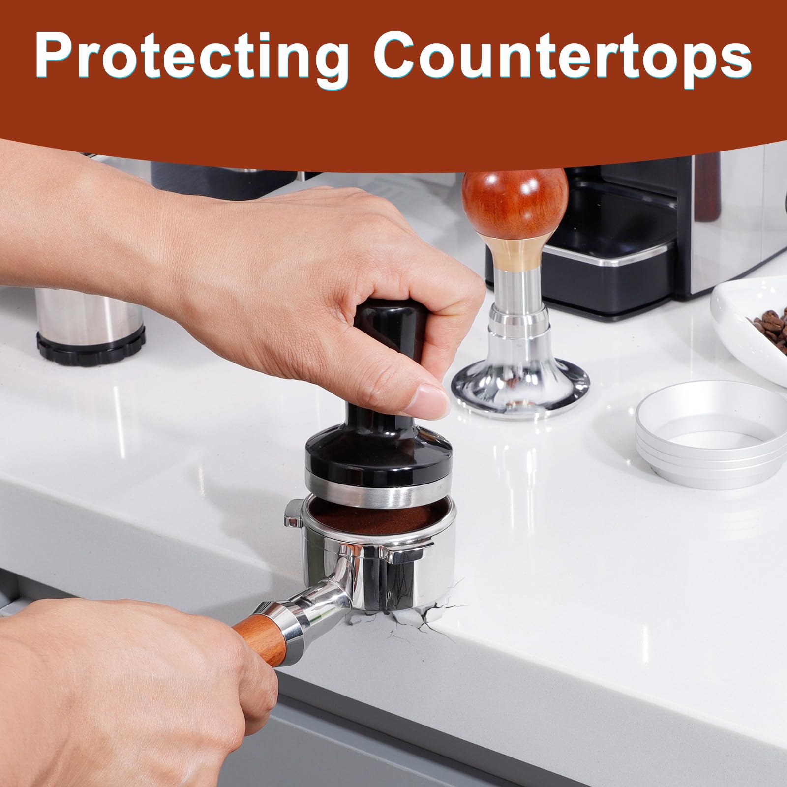 ANLEULIT espresso tamping mat shows noise reduction during portafilter tapping for quiet mornings.