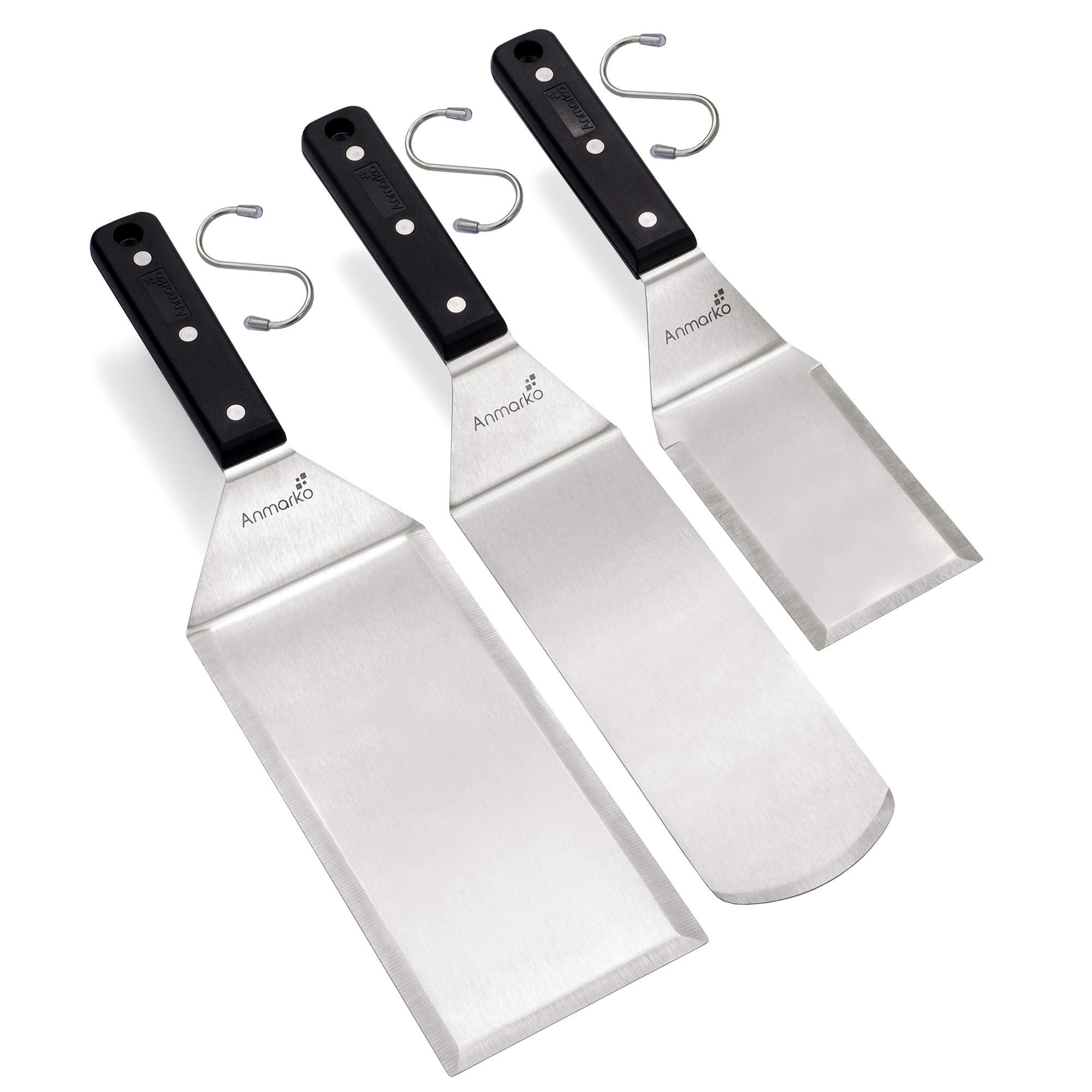 Anmarko pancake flipper on stainless steel spatula set for large griddles.