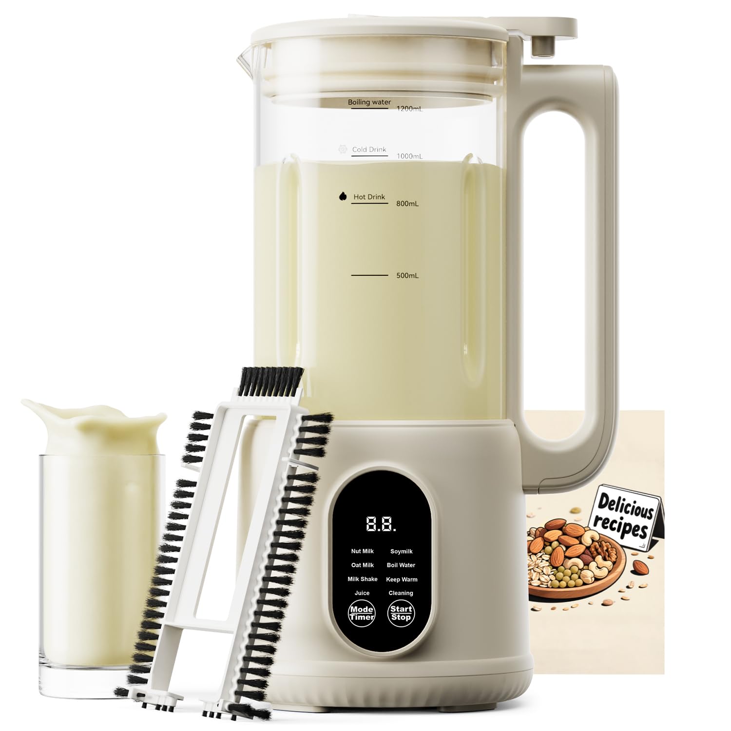 Anminto 8-in-1 nut milk maker in front view blending creamy plant-based milk for a cozy morning