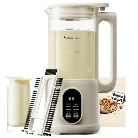 Anminto 8-in-1 nut milk maker in front view blending creamy plant-based milk for a cozy morning