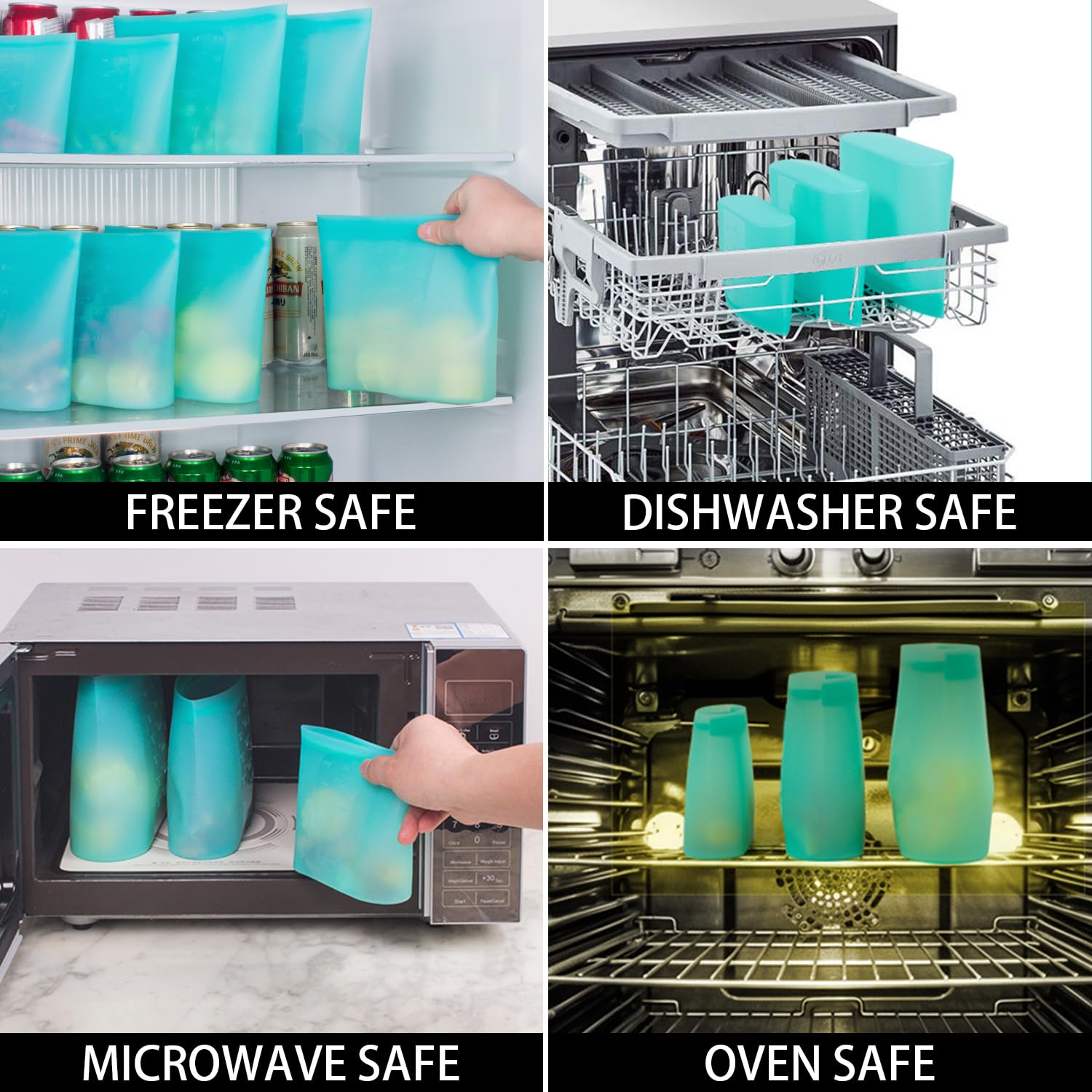 Annaklin aqua-color silicone bags add a bright touch to lunch prep.