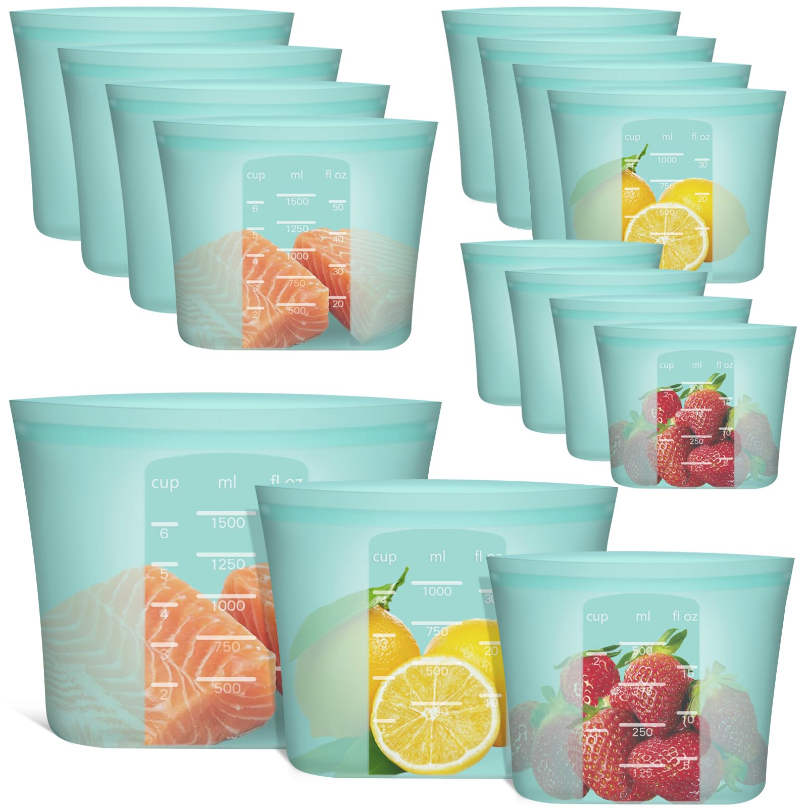 Annaklin reusable bags with stand-up design for easy filling and organized fridge.