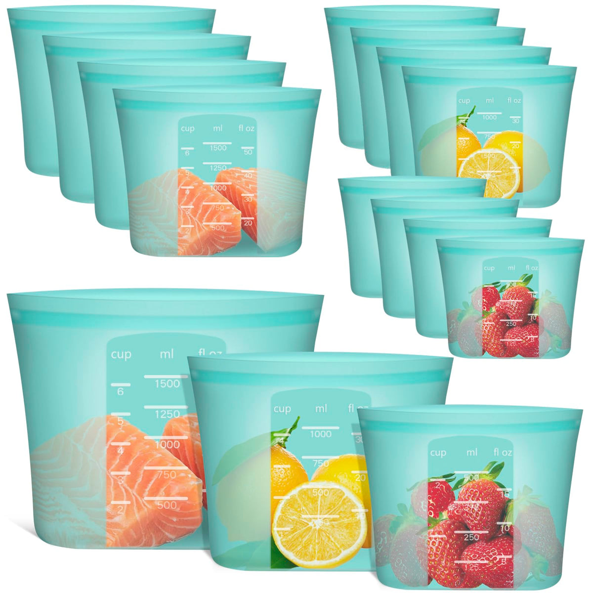 Annaklin reusable bags with stand-up design for easy filling and organized fridge.