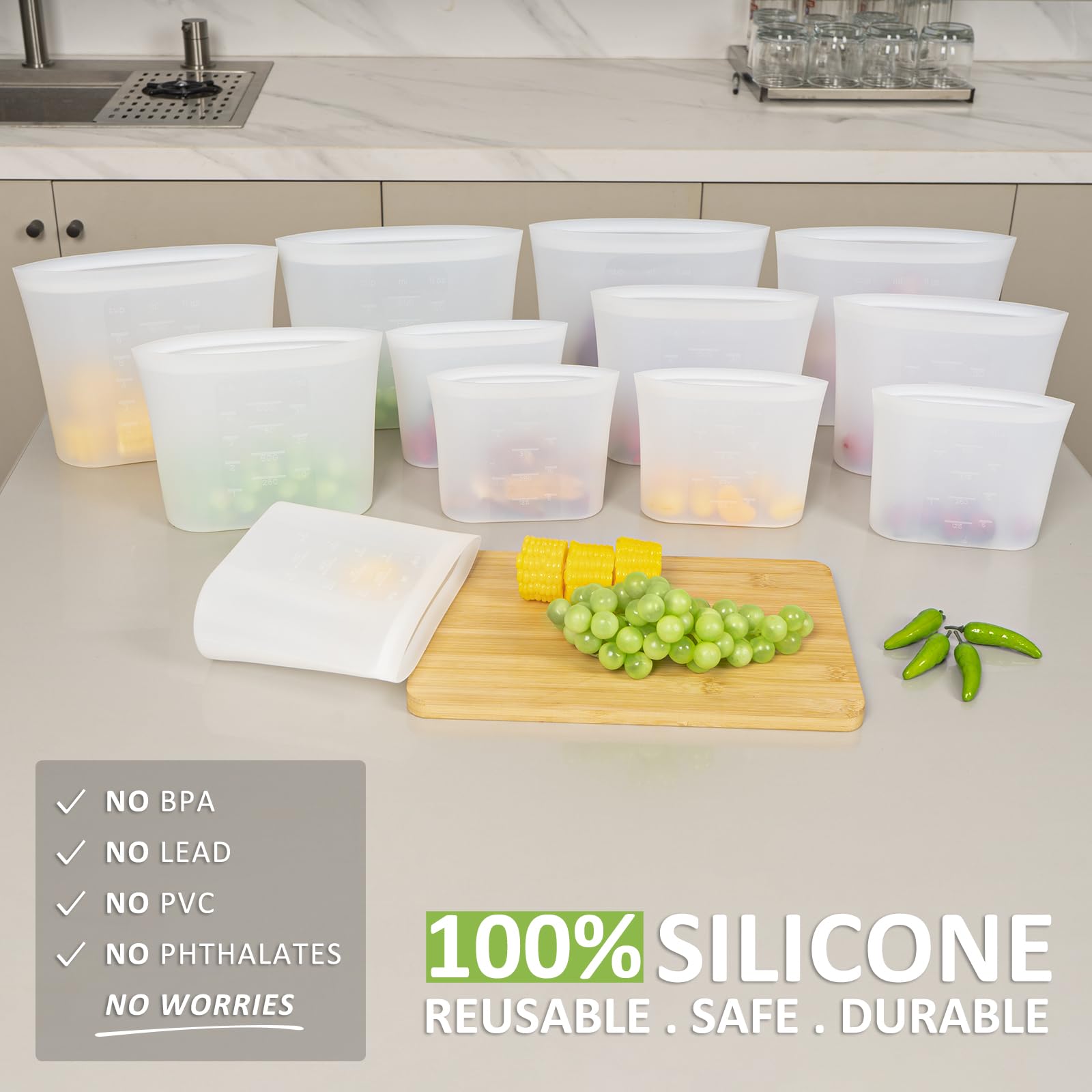 Annaklin silicone bag with stand-up design keeps ingredients organized on the counter.