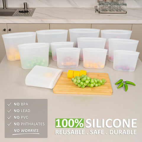 Annaklin silicone bag with stand-up design keeps ingredients organized on the counter.