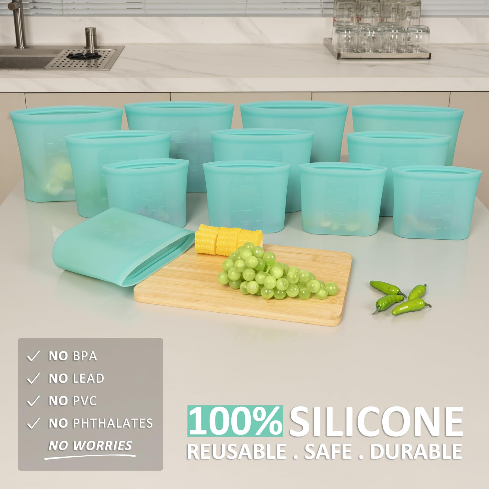 Annaklin silicone storage bags stay freezer-safe for conserving leftovers.