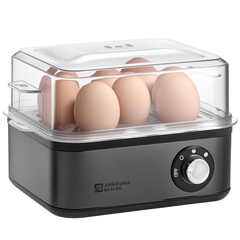 Annie & Mia Design electric egg cooker front view with 8-egg capacity for quick breakfasts.