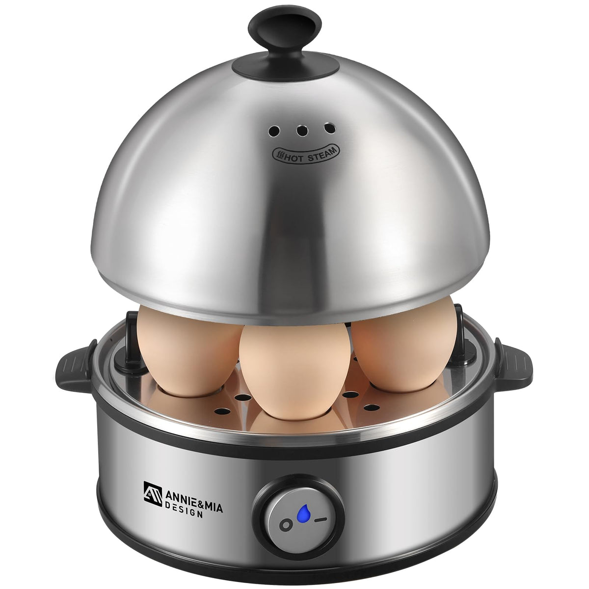 Annie & Mia Design egg cooker with lid, stainless interior for pure flavor.