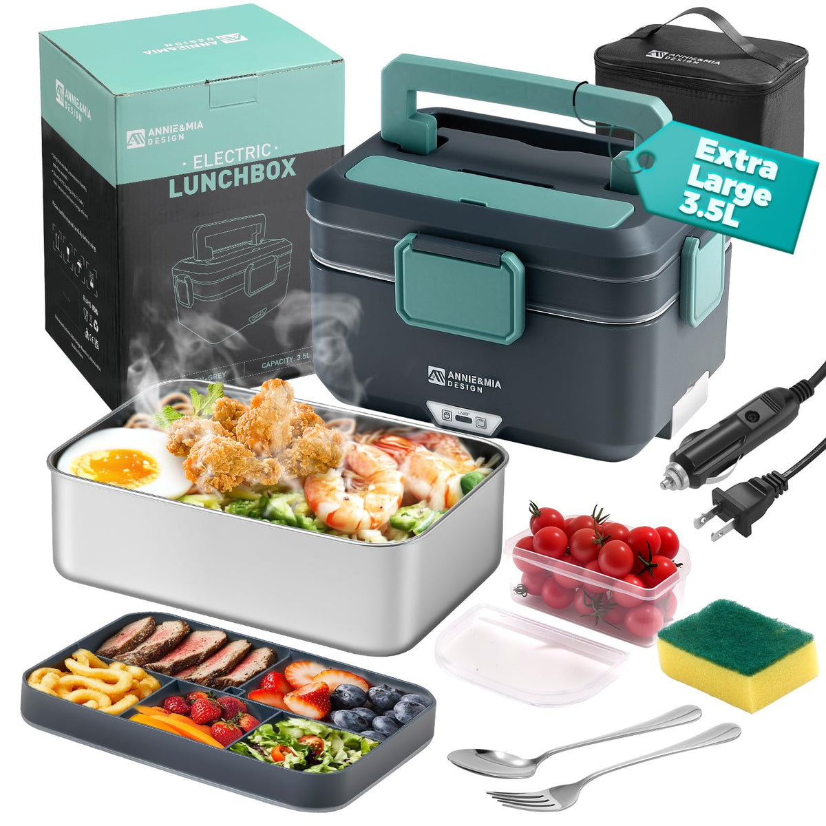 Annie & Mia Design electric lunch box two-layer assembly keeps meals separate and hot on the go.