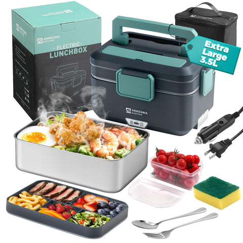 Annie & Mia Design electric lunch box two-layer assembly keeps meals separate and hot on the go.