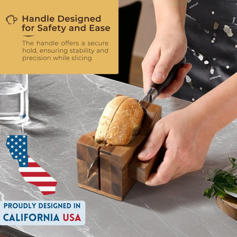 Annie & Mia ergonomic handle provides secure, comfortable bagel slicing