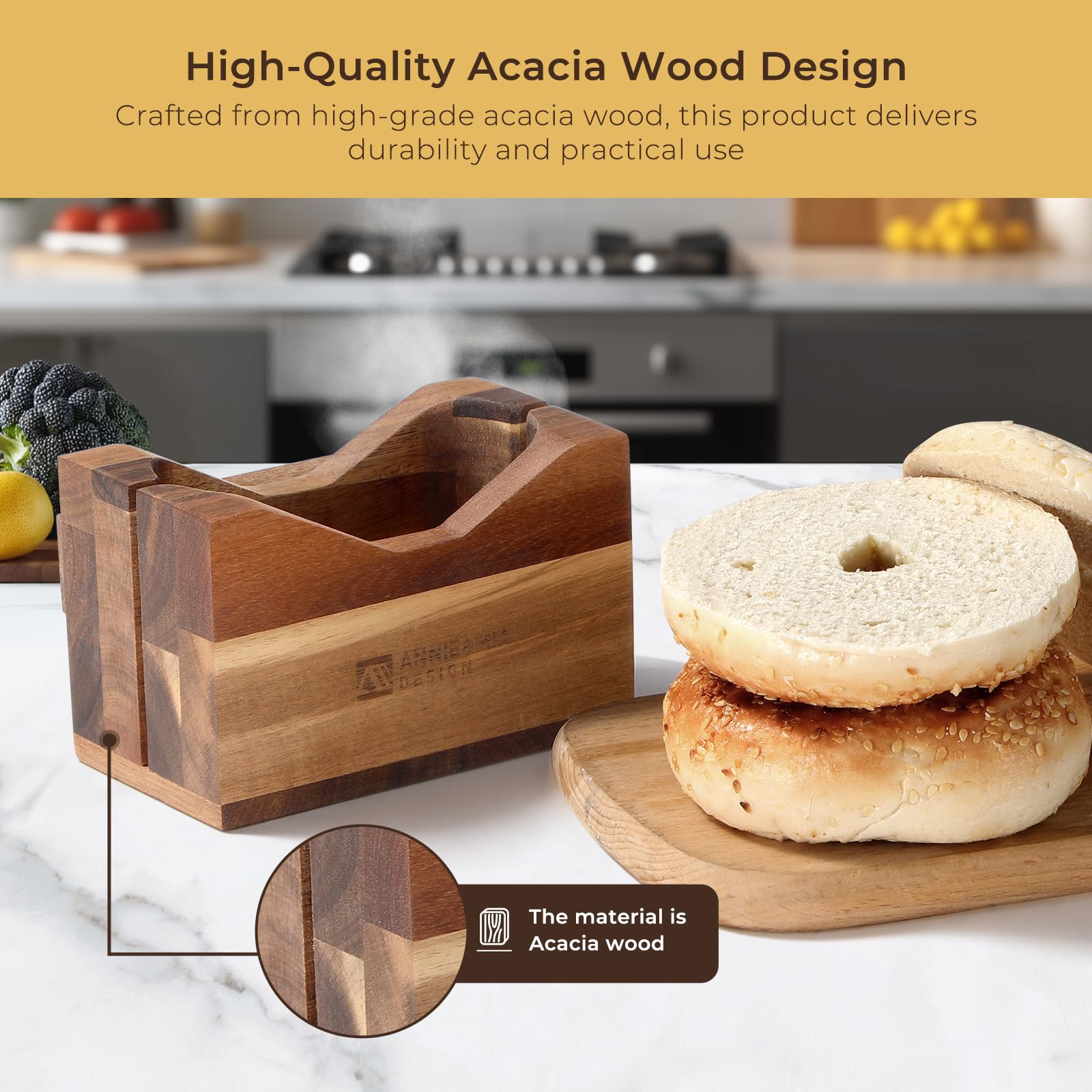 Annie & Mia handcrafted acacia with rich grain adds warmth