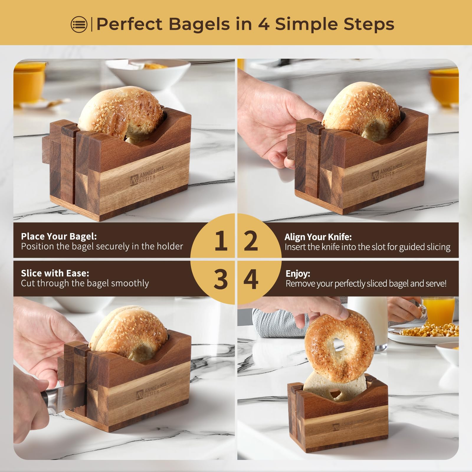 Annie & Mia bagel slicer on a kitchen counter for stylish, ready-to-use setup