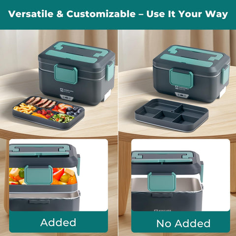 Dual-layer heating for consistent warmth with Annie & Mia Design lunch box.